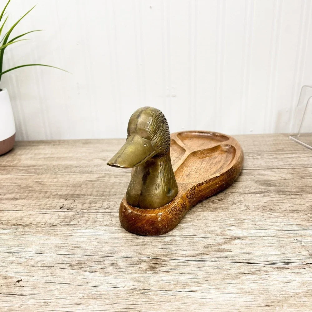 Vintage Brass Duck Tray: Wood Catch All Tray Valet Organizer